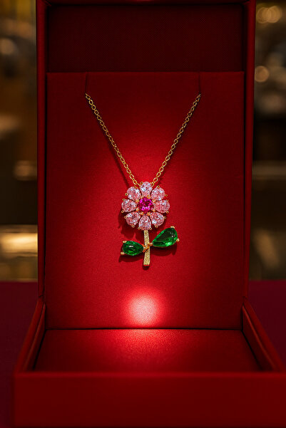 KAR DİAMOND 14 Ayar Altın Zincirli Zirkon Taşlı Floral Lüks Çiçek Kolye - Ser...