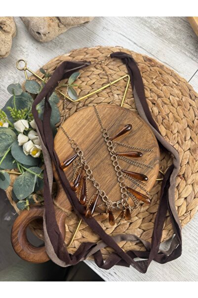 SEDEF TAKI Şal model kahve kumaşlı bronz gold kolye