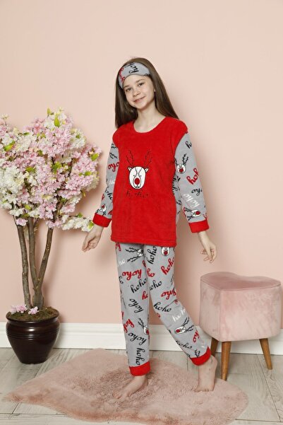 Pemilo Kız Çocuk 2058 Geyik Desenli Polar Pijama Takım KIRMIZI