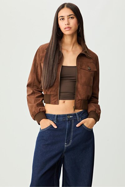 Stradivarius Short leather effect jacket with pockets