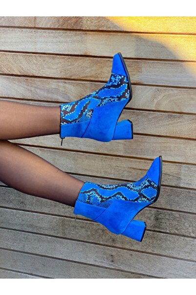 BERFONA Cizme cu toc de 5 cm LORA SAKS DANA din piele de căprioară cu detalii din piele de șarpe