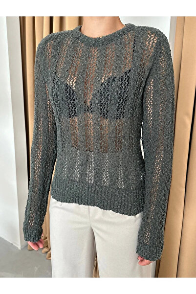 My Blog Khaki Crew Neck Openwork Knit Blouse - 4413