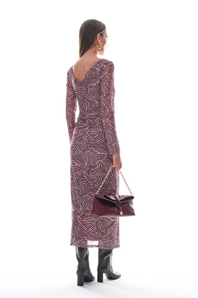 EXPLOSION Desenli Tül Gold Tokalı Midi Elbise