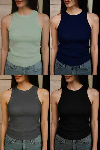 Patreon Women's Halter Neck 4-Piece Cotton Black, Anthracite, Navy Blue, Green Ribbed Tank Top