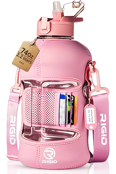 RIGID FITNESS Gym Bottle & Hydration Jug - Large Water Bottle with Straw, Storage Sleeve for Phone -