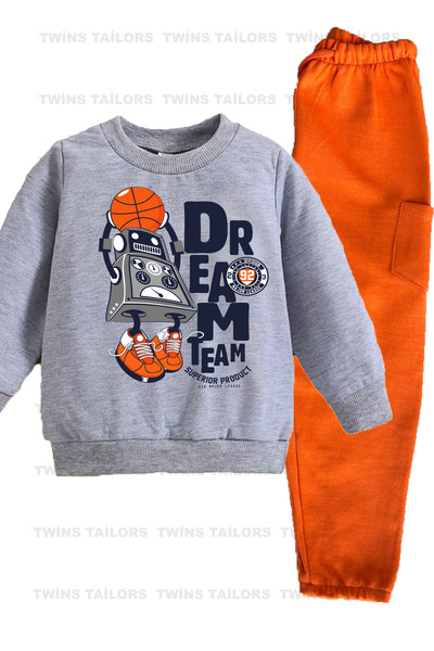 twins tailors Basketball Playing Robot Printed Inner Lined 2-Piece Pack Unisex Grey-Sax Blue Children's Tracksuit Set