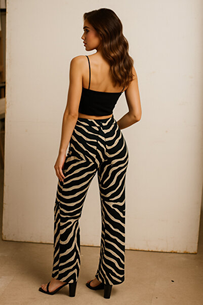 Ramior Siyah Bej Zebra Desenli Yüksek Bel Kadın Pantolon
