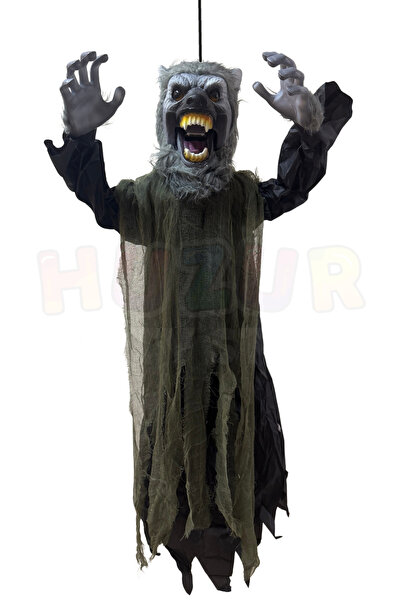 Huzur Party Store 110 Cm Uluyan Hareketli Kurt Adam Dekor Işıklı Sese Duyarlı Pilli Cadılar Bayramı Halloween Süsü