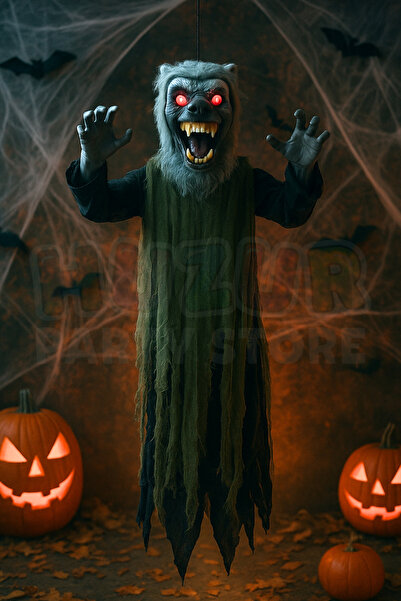 Huzur Party Store 110 Cm Uluyan Hareketli Kurt Adam Dekor Işıklı Sese Duyarlı Pilli Cadılar Bayramı Halloween Süsü