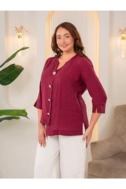 FUERTE XL Button Detailed Three Quarter Sleeve Blouse