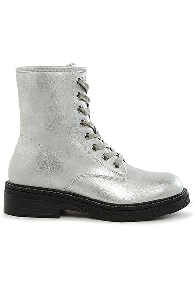 london Rag Women Faux Leather Lace Up Boots in Silver