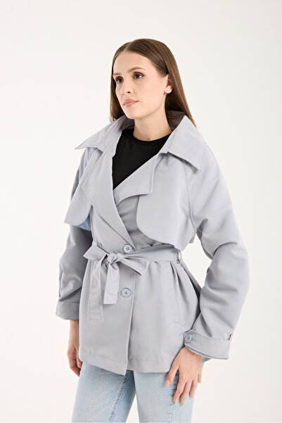 LE CARAMBOLE Kadın Buz Mavi Aller Detaylı Astarlı Kısa Trençkot