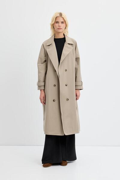 KADRİYE BAŞTÜRK Double-Breasted Collar Lined Long Trench Coat Light Green
