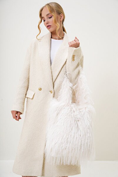 VAGGON Women's Ecru Furry Faux Fur Oversized Shoulder Bag Prmx13259