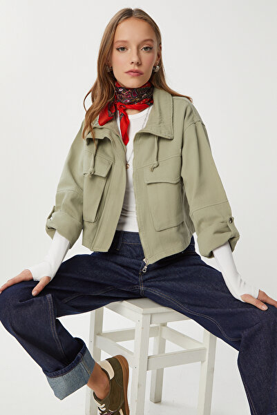 Lovelyİstanbul Kapaklı Cepli Gabardin Ceket LAN0063 ZEYTİN YEŞİLİ