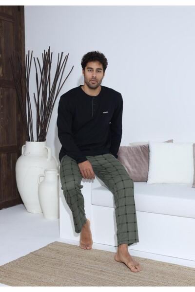 BOYRAZ Dark green men's pajamas - blouse with buttons and metallic detail, long plaid pants