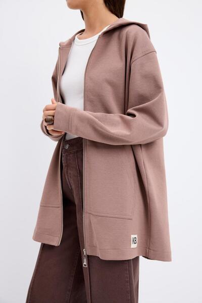 KADRİYE BAŞTÜRK Zippered Kangaroo Pocket Hooded Cardigan Dusty Brown