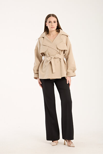 MODAMERSİ Women's Beige Aller Detailed Lined Short Trench Coat