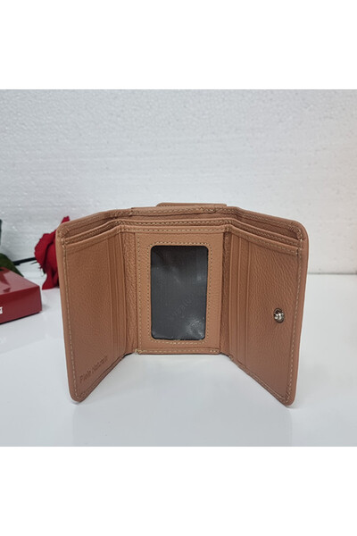 HASSION Women's genuine leather wallet, double opening and individual clasps on each side, Beige
