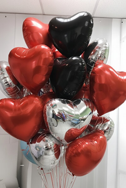 Baloncu Nene Kırmızı Siyah ve Gümüş Kalpli Folyo Balon Helyum 10 Adet Kalp Se...