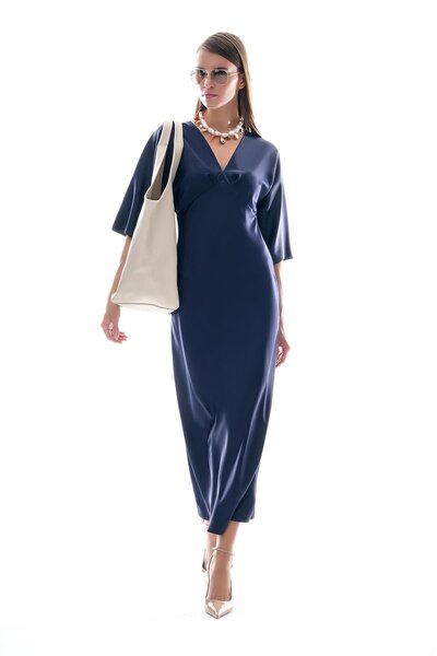 EXPLOSION Saten Drapeli Midi Şık Elbise