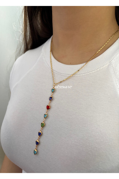 aksesuaris Renkli Kalp Taşlı Y Model Dekolte Kolye