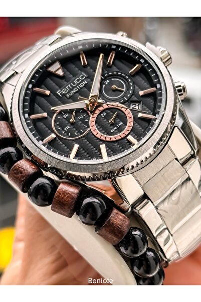 Ferrucci Men's Wristwatch, with Calendar, Functions Active, Silver Steel Band, with Bracelet Gift