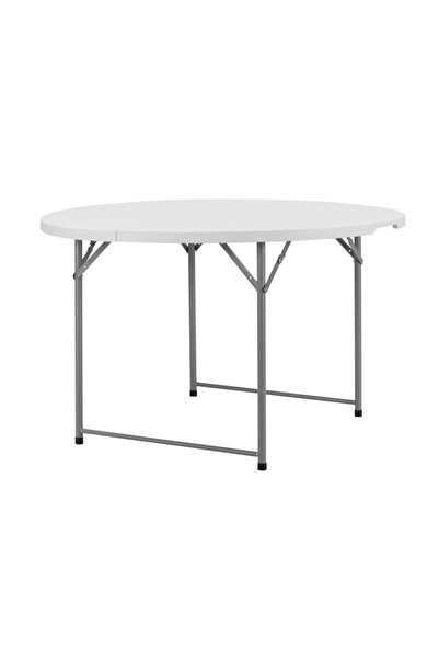 Lawazim Round Folding Picnic Table 120x120x74cm - White Fold-in-Half Plastic Table with Handle