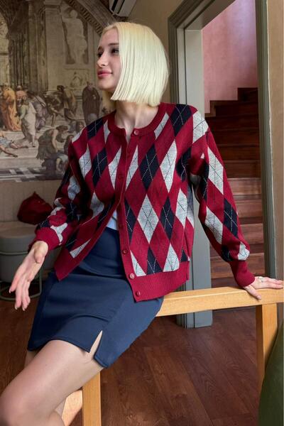Madmext Burgundy Baklava Patterned Crew Neck Women's Cardigan Mg2496