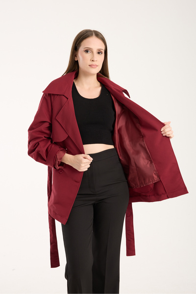 MODAMERSİ Women's Burgundy Aller Detailed Lined Short Trench Coat
