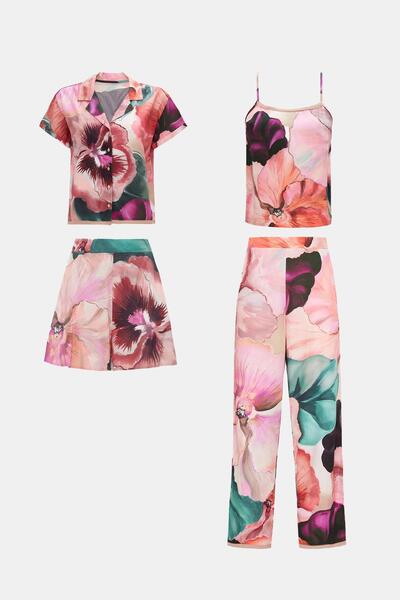 Amarelle Paradise Sklamen Woven Viscose Front Buttoned 4 Piece Pajama Set