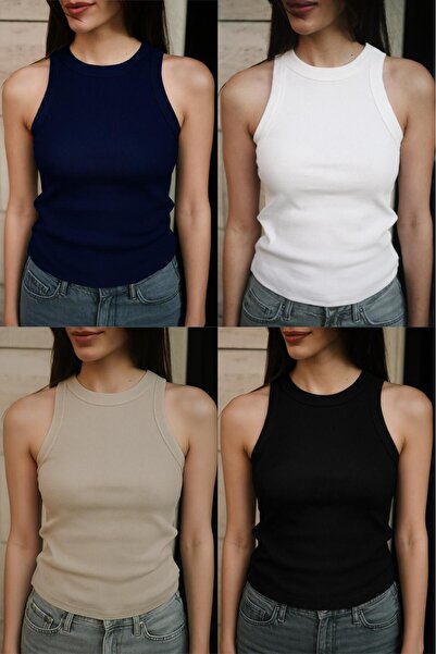 Patreon Women's Halter Neck 4-Piece Cotton Black, White, Navy Blue, Beige Ribbed Tank Top