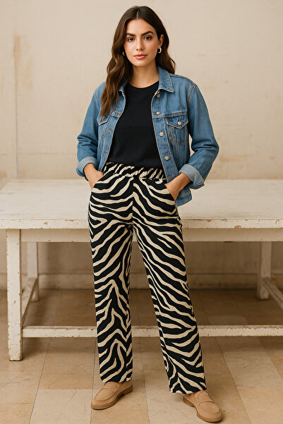 Ramior Siyah Bej Zebra Desenli Yüksek Bel Kadın Pantolon