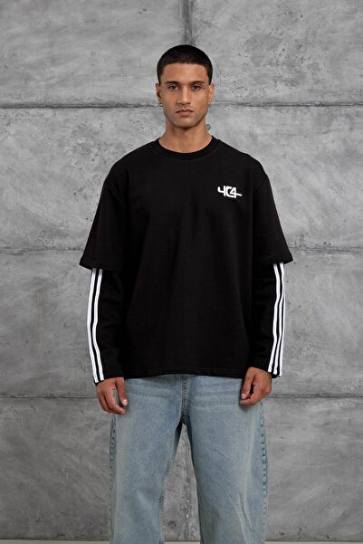 NOMARC Hanorac negru Yc4 cu mânecă supradimensionată, detaliu cu dungi