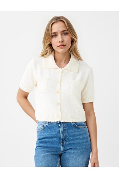 Jimmy Key Ecru Shirt Collar Short Sleeve Knitwear Cardigan