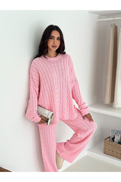 Paraf style Saç Örgülü Bisiklet Yaka Oversize Kazak Pantolon Takım