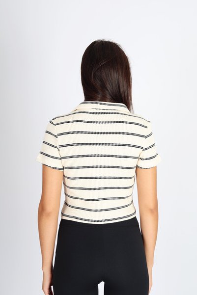 soft&basic Women's Polo Neck Report Ecru Jacquard Crop Fit T-Shirt