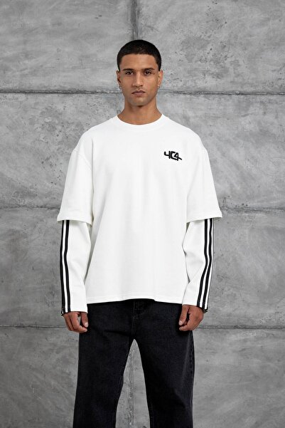 NOMARC Λευκό φούτερ Yc4 Oversize με λεπτομέρεια με ρίγες στο μανίκι