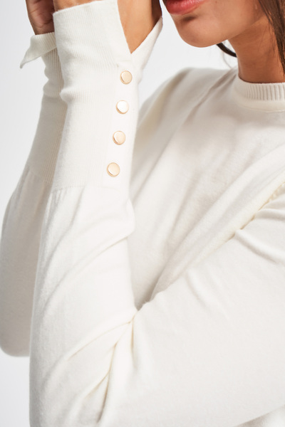 its basic Tricotaj tricotat pentru femei, culoare ecru, w5-101, cu mâneci cu gât rotund, cu accesorii