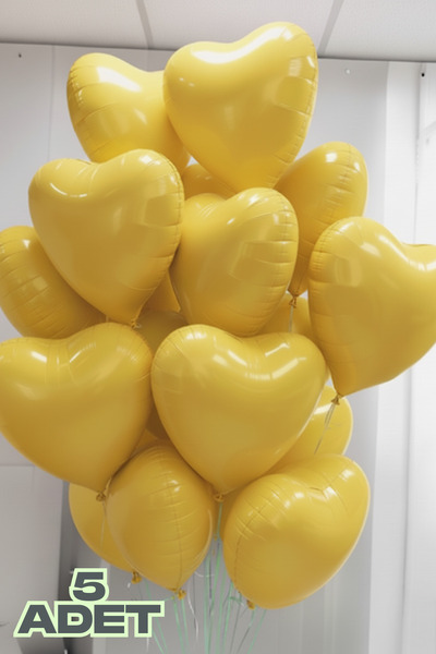 Baloncu Nene 5 Adet Sarı Kalpl Folyo Balon Rafya ve Balon Bandı Helyum Sevgil...