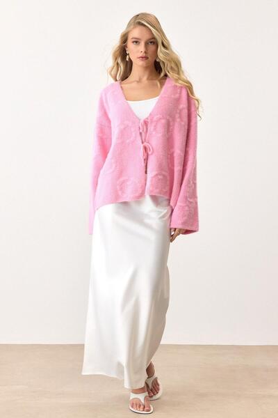 Olcay Front-Tied Soft Knit Cardigan Pink 8267
