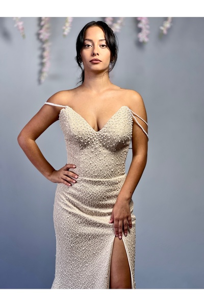 MEDUSA Avalora Balık İnci Askılı İnci İşlemeli Söz Nişan Mezuniyet Abiye Elbise