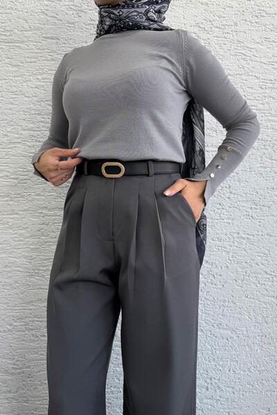 MELEK ARAZ Pantaloni Palazzo pentru femei cu detaliu pliat în față - gri