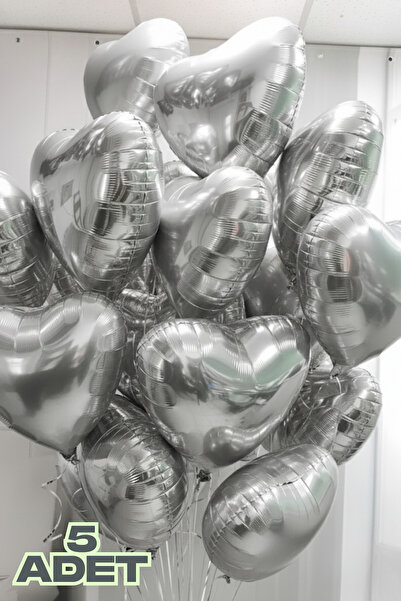 Baloncu Nene 5 Adet Gümüş Kalpl Folyo Balon Rafya ve Balon Bandı Helyum Sevgi...