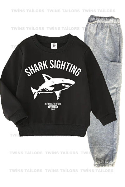 twins tailors Shark Printed 2-Piece Pack Unisex Black-Red Children's Tracksuit Set with Inner Hood