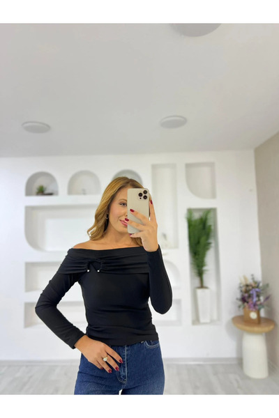 Mzr Collection Дамска блуза от османска материя с модна яка и копчета, черна