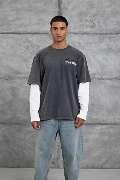 NOMARC Füme Cep Rakam Detaylı Oversıze Kolu Parçalı Tasarım Sweatshırt