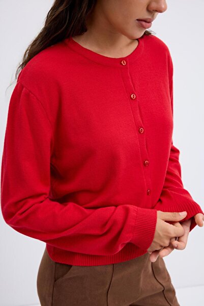 KADRİYE BAŞTÜRK Round Neck Buttoned Knitwear Cardigan Red