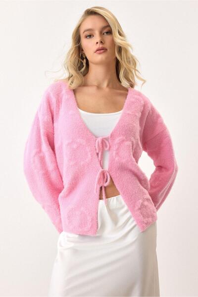 Olcay Front-Tied Soft Knit Cardigan Pink 8267