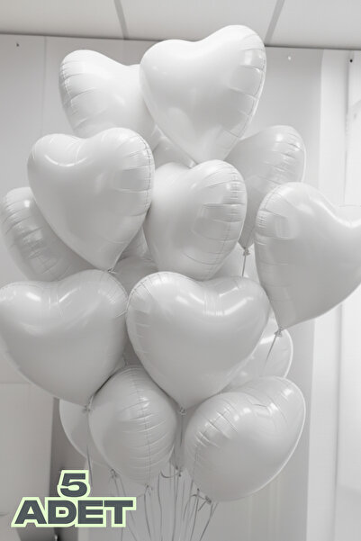 Baloncu Nene 5 Adet Beyaz Kalpl Folyo Balon Rafya ve Balon Bandı Helyum Sevgi...